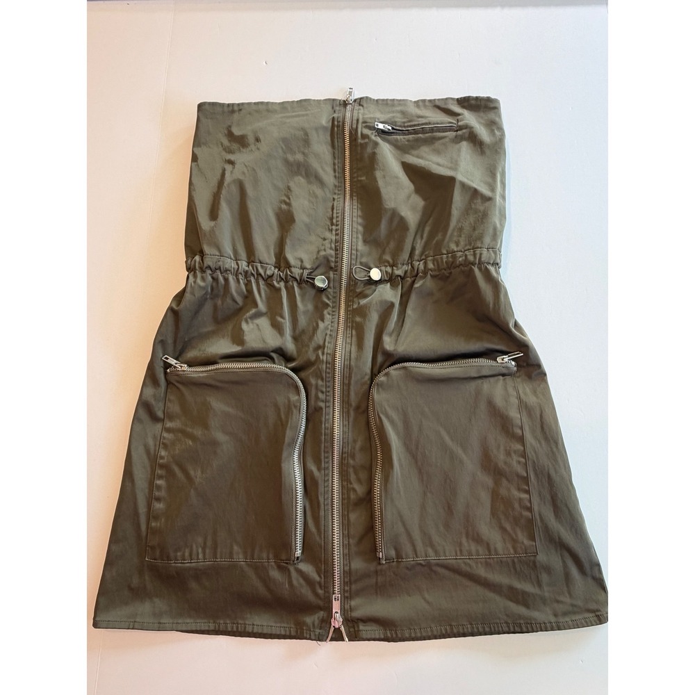 Zara Womens Olive Green Utility Strapless Cargo Mini Dress Size M Full Zip Front